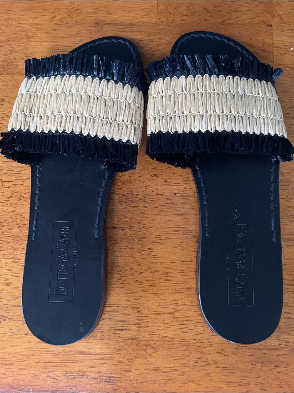 Bottega Capri Black & Natural Raffia Slide Sandals